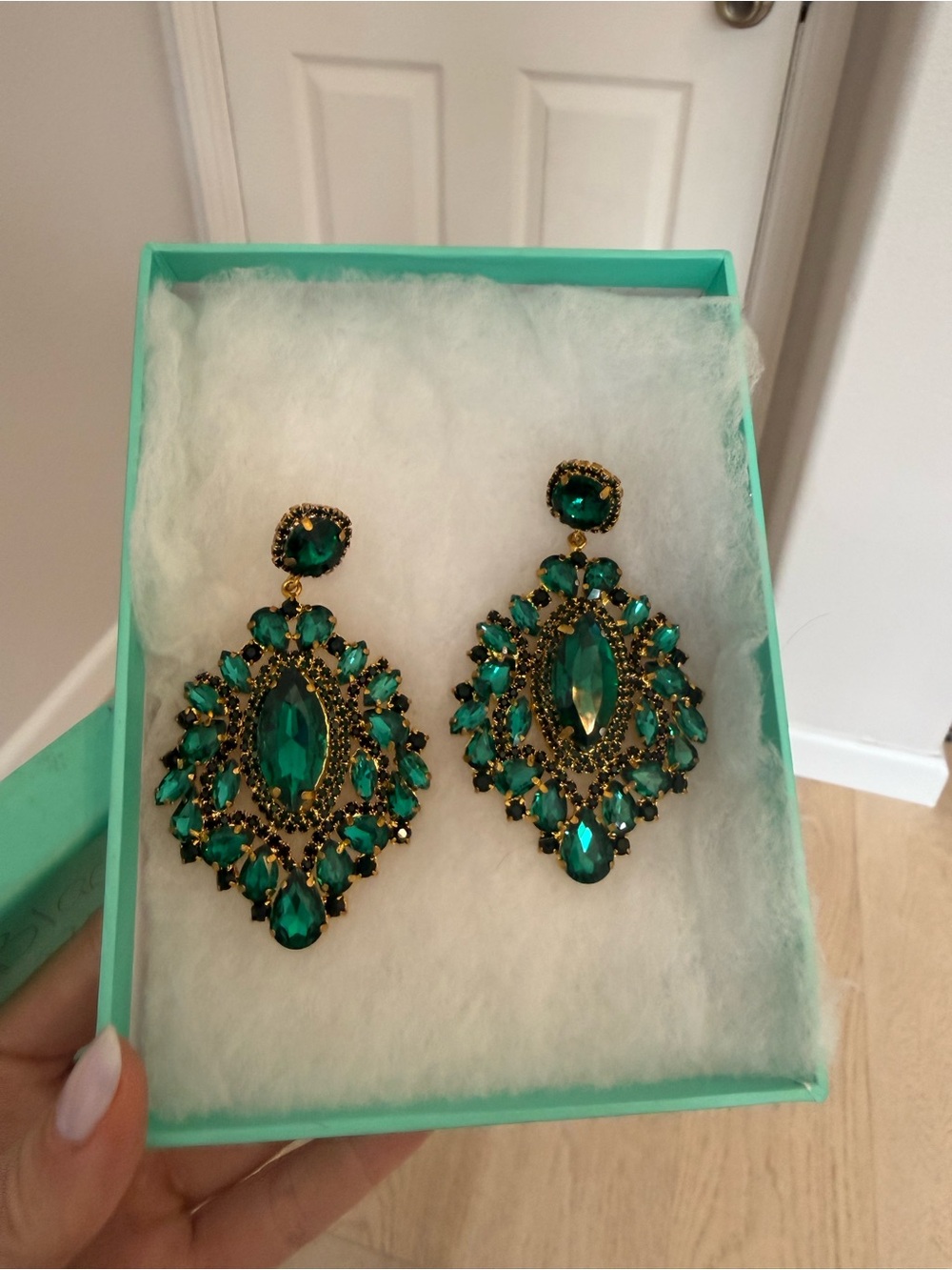 Emerald Green Crystal Statement Drop Earrings - Gold Accent